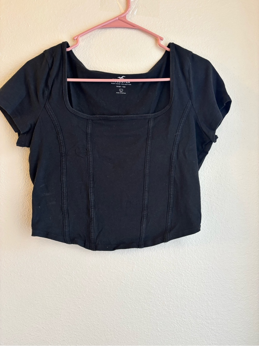 Hollister Black Square Neck Baby Tee Corset Seam Fitted Top Size Large